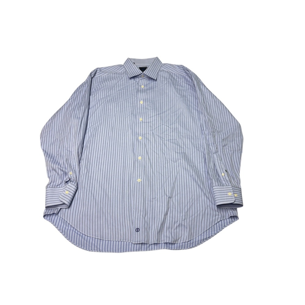 David Donahue Men Blue White Striped Dress Shirt‎ 18 34/35 100% Cotton Sleeve